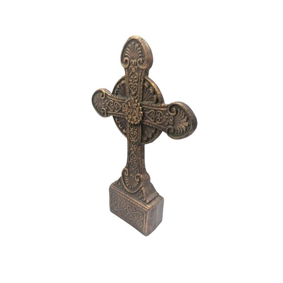 Antique-Style Decorative Cross Tabletop Ornate Resin Bronze Finish 12" Tall - Picture 4 of 12
